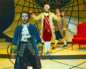 Tim Spears as Mozart, Russell Garrett as Emperor Joseph II, Benjamin Evett as Antonio Salieri in 'Amadeus'