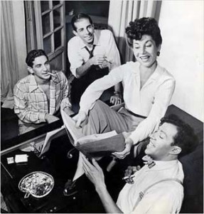 Leonard Bernstein (Music), Jerome Robbins (Choreography), Betty Comden (Book and Lyrics), Adolph Green (Book and Lyrics) in 1944, preparing 'On The Town'