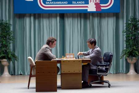 Liev Schreiber as Boris Spassky, Tobey Maguire as Bobby Fischer in 'Pawn Sacrifice'