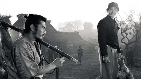 Toshiro Mifune with Director Akira Kurosawa on the set of 'The Seven Samurai'