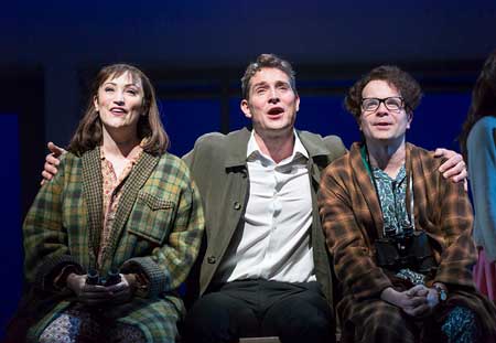 Eden Espinosa as Mary Flynn, Mark Umbers as Franklin Shepard, Damian Humbley as Charles Kringas in 'Merrily We Roll Along'