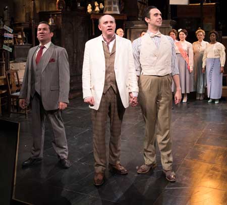 Tony Castellanos as Wilson Mizner, Neil A. Casey as Addison Mizner, Patrick Varner as Hollis Bessemer, with the cast in 'Road Show'