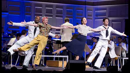 Brandon Victor Dixon as Gabey, Megan Lawrence as Hildy, Laura Osnes as Claire, and Andy Karl as Ozzie in 'On The Town'