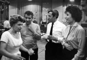 Nancy Walker (Hildy), Leonard Bernstein (composer), Adolph Green (lyricist, Ozzie), Betty Comden (lyricist, Claire), preparing the studio cast recording in 1961