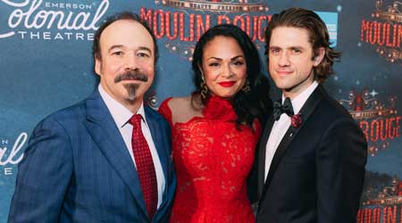 Danny Burstein, who plays Harold Zidler; Karen Olivo, who plays Satine;Aaron Tveit, who plays Christian in 'Moulin Rouge! (The Musical)'
