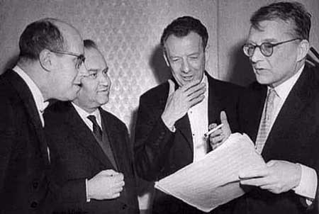 Mstislav Rostropovich, cellist; David Oistrakh, violinist; Benjamin Britten, composer; Dmitri Shostakovich, composer