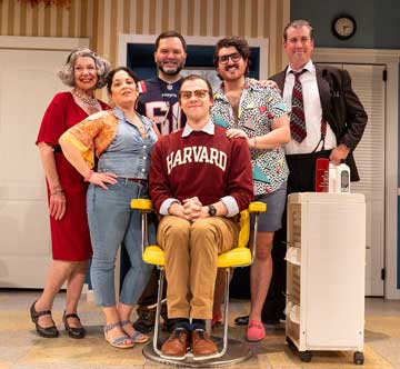 Cheryl L. McMahon as Mrs. Shubert, Ceit M. Zweil as Barbara DeMarco, Joseph Marella as Nick O’Brien, Alex Leondedis as Mikey Thomas, Tyler Rosati as Tony Whitcom, Mark Linehan as Eddie Lawrence in 'Shear Madness'